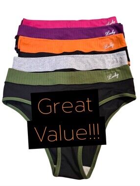 Lucky Logo Girls' Bikini Briefs Pack - Black, Olive, Gray, Orange, Purple, Pink
